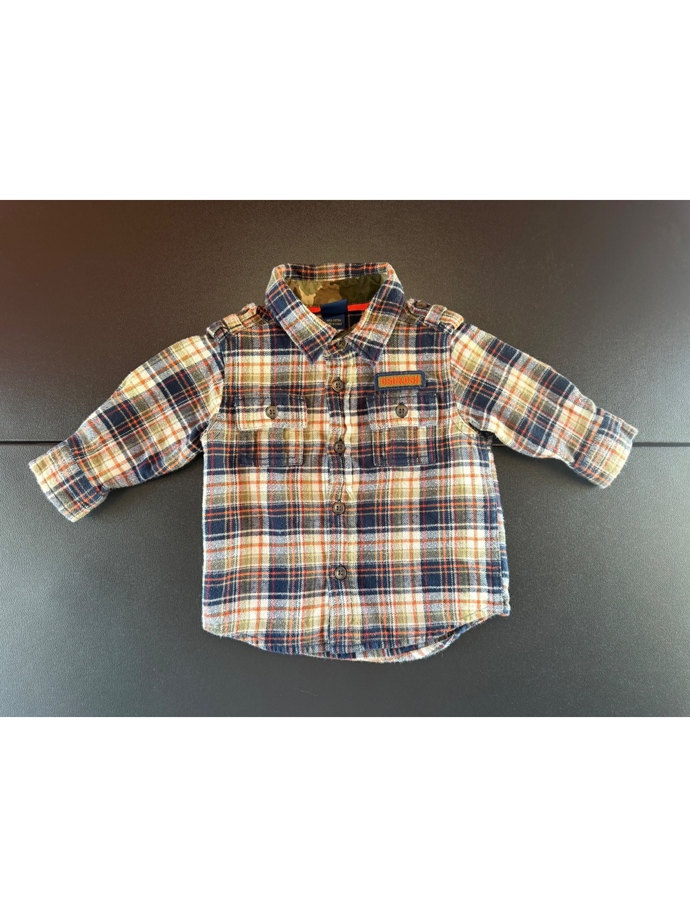 Vintage OshKosh B’Gosh Baby Shirt 6-9M Plaid Camo Workwear Button Up